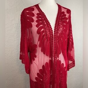 Women’s Style Apparel Red Sheer Lace Embroidered Detail Kimono Duster Sz Small